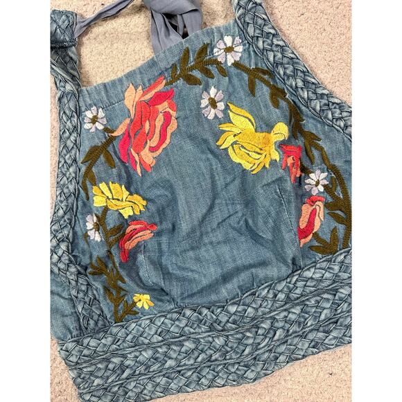 NWT Pilcro Anthropologie Embroidered Denim Cropped Top Womens Medium Floral - Picture 7 of 12